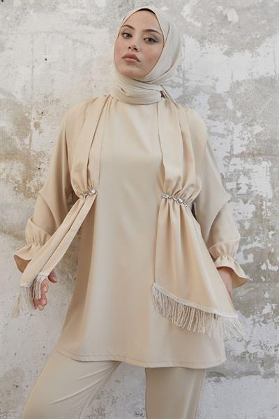Tassel Detailed Stone Beige Crepe Suit