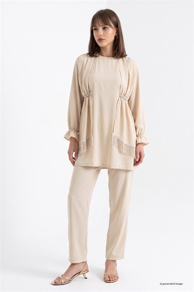 Tassel Detailed Stone Beige Crepe Suit