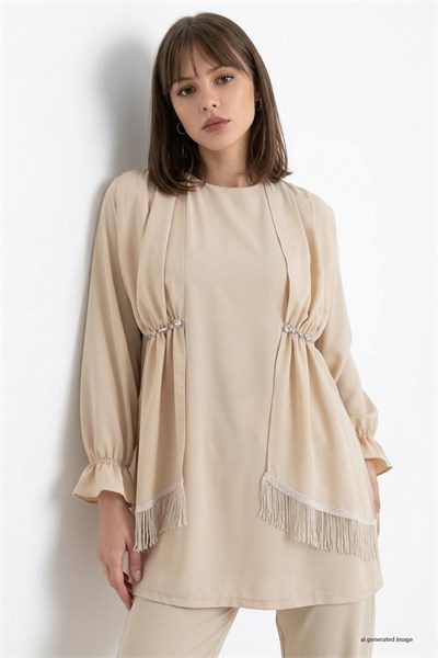 Tassel Detailed Stone Beige Crepe Suit