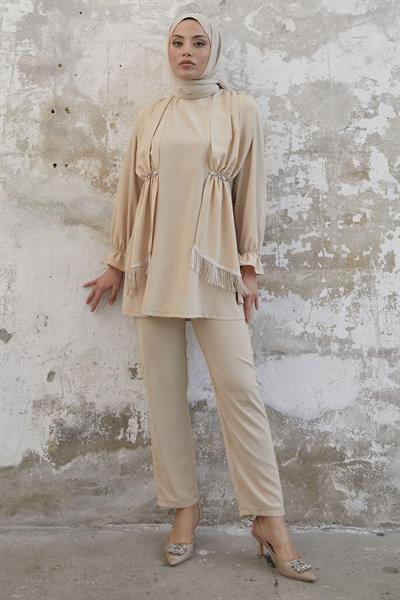 Tassel Detailed Stone Beige Crepe Suit
