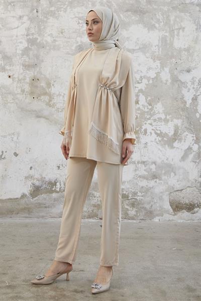 Tassel Detailed Stone Beige Crepe Suit