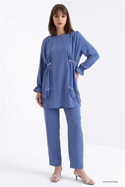 Tassel Detailed Stone Indigo Crepe Suit