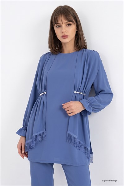 Tassel Detailed Stone Indigo Crepe Suit