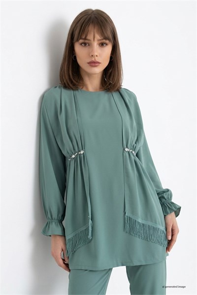 Tassel Detailed Stone Mint Crepe Suit