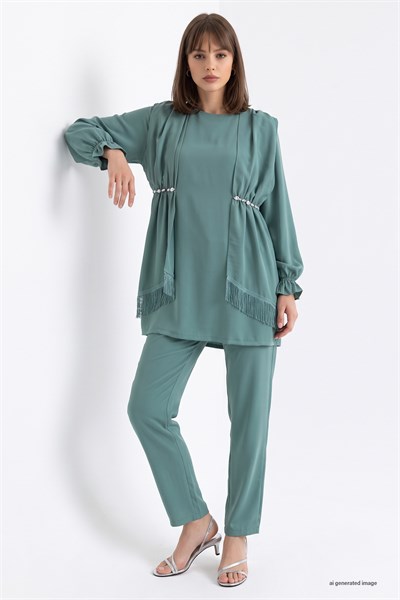 Tassel Detailed Stone Mint Crepe Suit