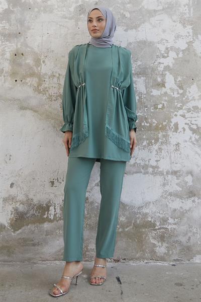 Püskül Detay Taşlı Krep Mint Takım
