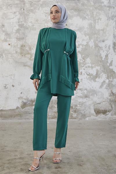 Tassel Detailed Stone Emerald Green Crepe Suit
