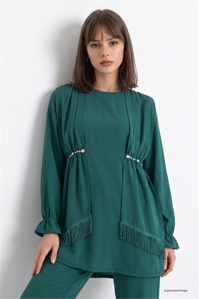 Tassel Detailed Stone Emerald Green Crepe Suit