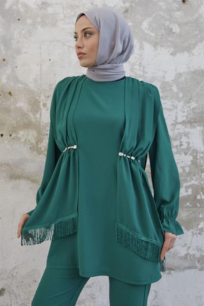 Tassel Detailed Stone Emerald Green Crepe Suit
