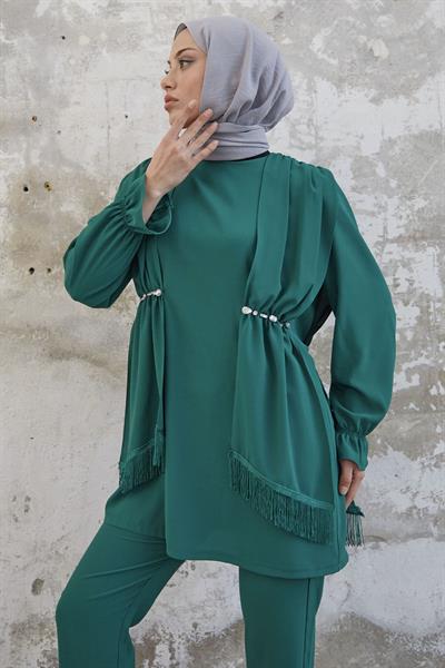 Tassel Detailed Stone Emerald Green Crepe Suit