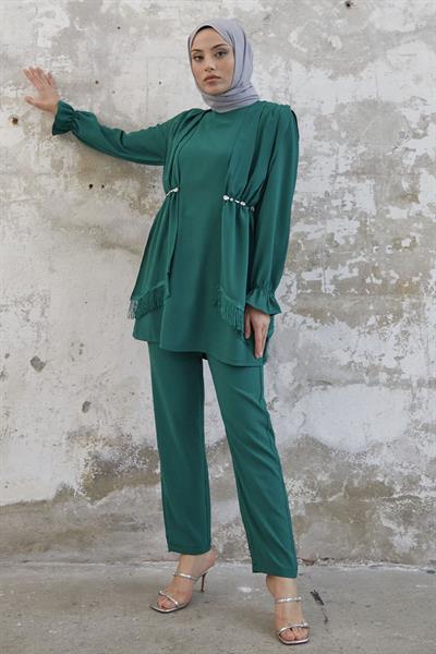 Tassel Detailed Stone Emerald Green Crepe Suit