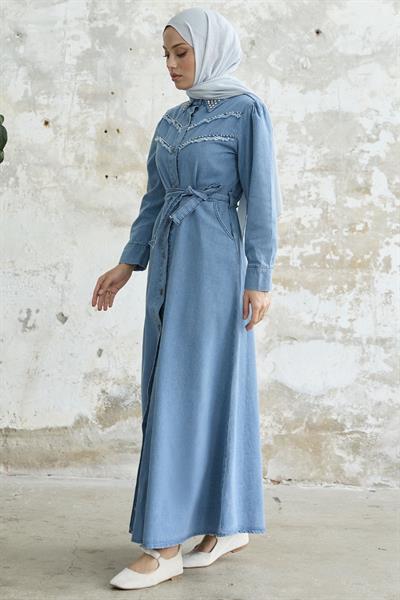 Püsküllü Boncuklu Açık Mavi Kot Elbise