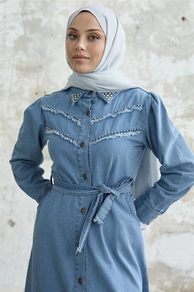 Püsküllü Boncuklu Açık Mavi Kot Elbise