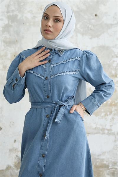 Püsküllü Boncuklu Açık Mavi Kot Elbise