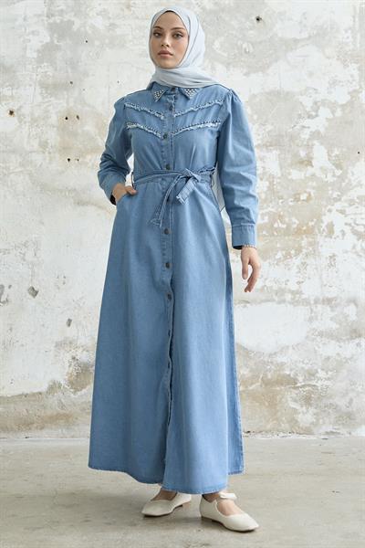 Püsküllü Boncuklu Açık Mavi Kot Elbise