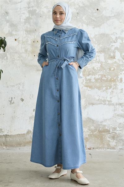 Püsküllü Boncuklu Açık Mavi Kot Elbise