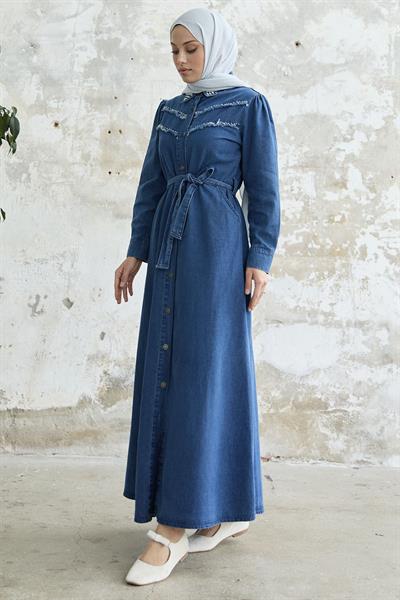 Püsküllü Boncuklu Koyu Mavi Kot Elbise