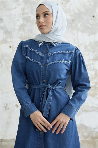 Püsküllü Boncuklu Koyu Mavi Kot Elbise