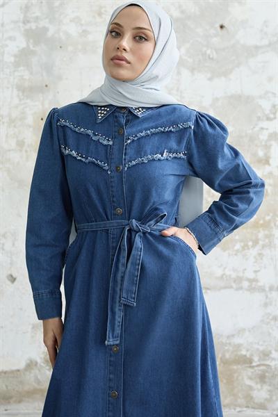Püsküllü Boncuklu Koyu Mavi Kot Elbise