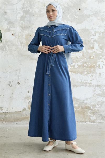 Püsküllü Boncuklu Koyu Mavi Kot Elbise