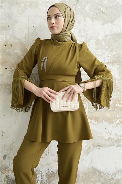 Püsküllü Kol Taşlı Krep Yağ Yeşili Takım