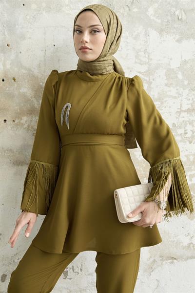 Püsküllü Kol Taşlı Krep Yağ Yeşili Takım