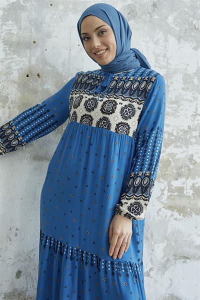 Püsküllü Viskon İndigo Elbise