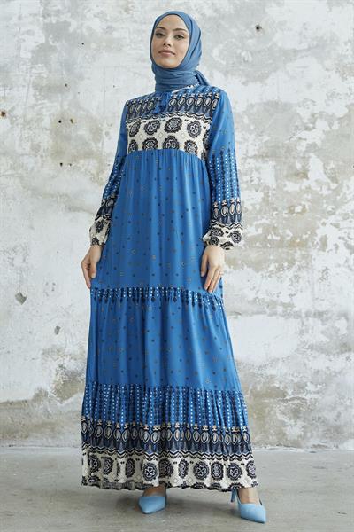 Püsküllü Viskon İndigo Elbise