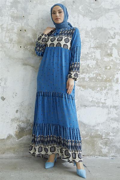 Püsküllü Viskon İndigo Elbise