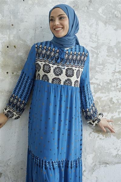 Püsküllü Viskon İndigo Elbise