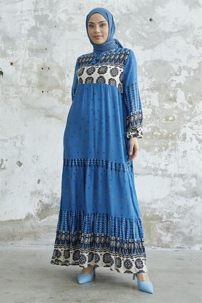 Püsküllü Viskon İndigo Elbise