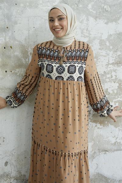 Püsküllü Viskon Sütlü Kahve Elbise