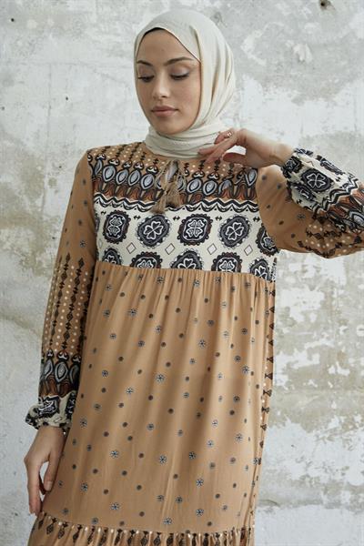 Püsküllü Viskon Sütlü Kahve Elbise