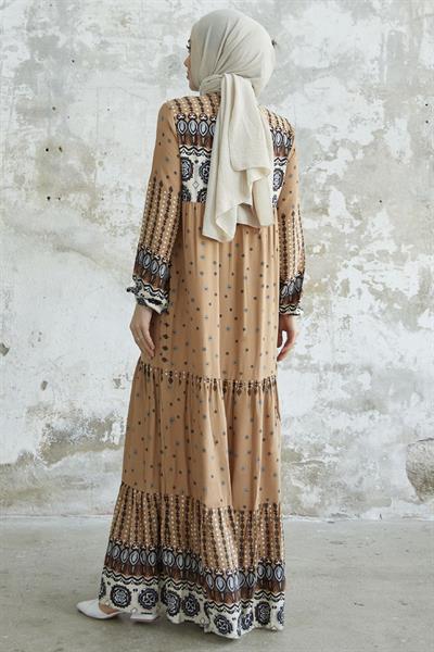 Püsküllü Viskon Sütlü Kahve Elbise