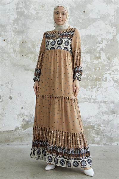Püsküllü Viskon Sütlü Kahve Elbise
