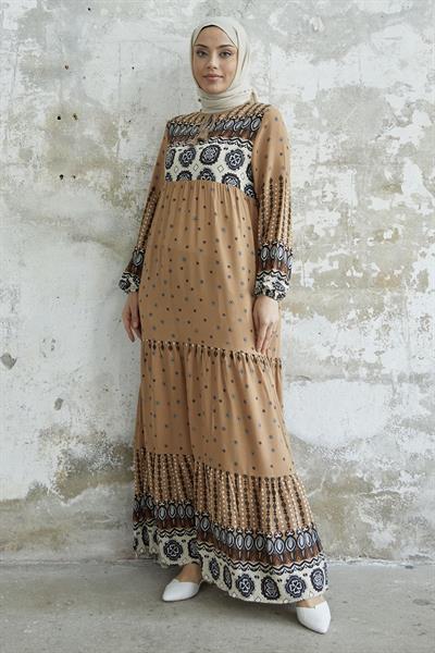Püsküllü Viskon Sütlü Kahve Elbise