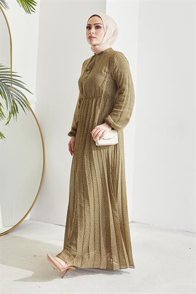 Ramona Çıtır Desen Piliseli Haki Şifon Elbise