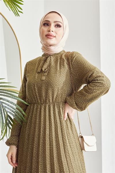 Ramona Çıtır Desen Piliseli Haki Şifon Elbise