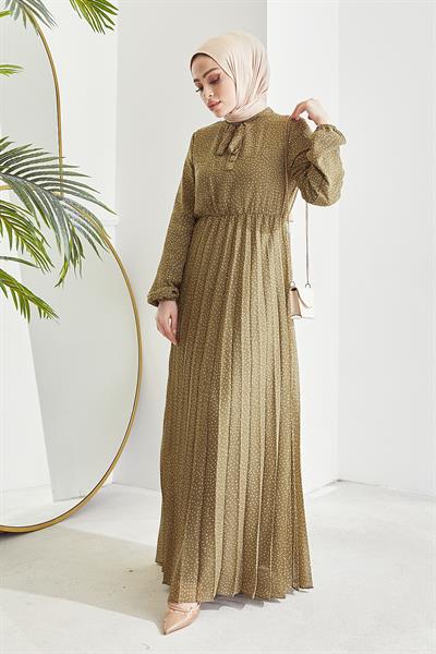 Ramona Çıtır Desen Piliseli Haki Şifon Elbise
