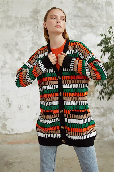 Rana Desenli Triko Hırka - Siyah