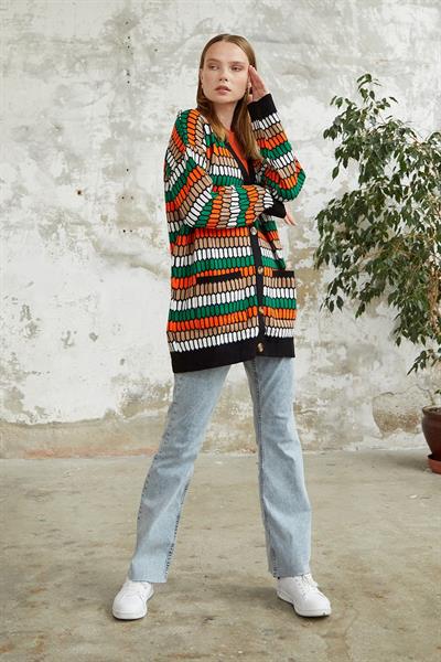 Rana Desenli Triko Hırka - Siyah