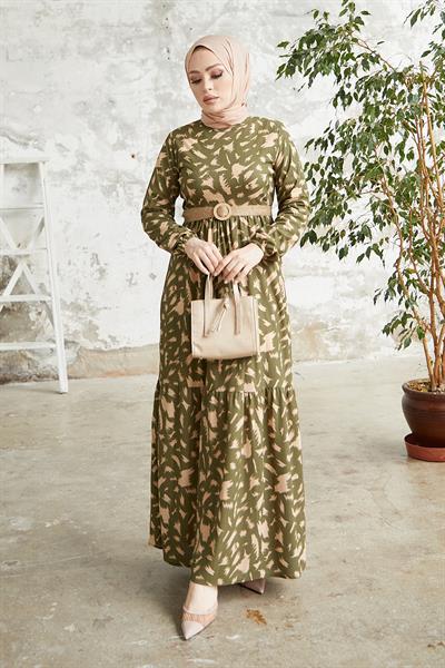Rena Hasır Kemerli Desenli Haki Elbise