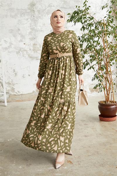Rena Hasır Kemerli Desenli Haki Elbise