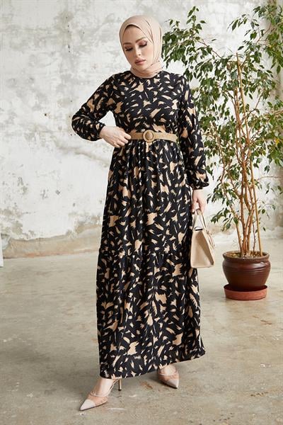 Rena Hasır Kemerli Desenli Siyah Elbise