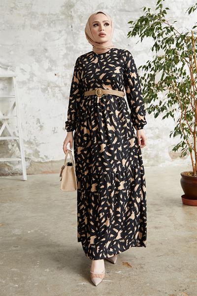 Rena Hasır Kemerli Desenli Siyah Elbise