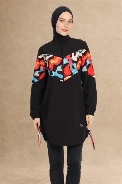 Renkli Bağcık 4 Parça Siyah Tesettür Mayo 6225A