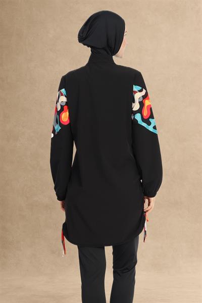 Renkli Bağcık 4 Parça Siyah Tesettür Mayo 6225A