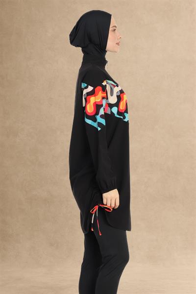 Renkli Bağcık 4 Parça Siyah Tesettür Mayo 6225A