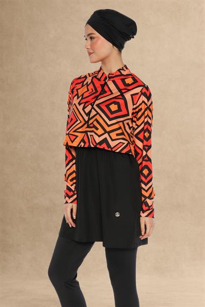 Renkli Bolerolu 4 Parça Siyah Tesettür Mayo 2435L