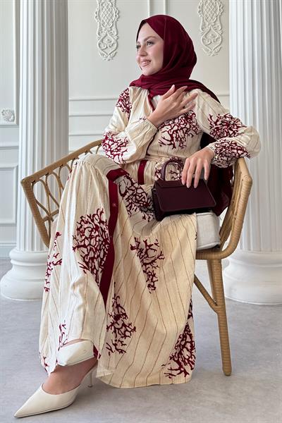 Renkli Boydan Biye Detay Bordo Viskon Elbise